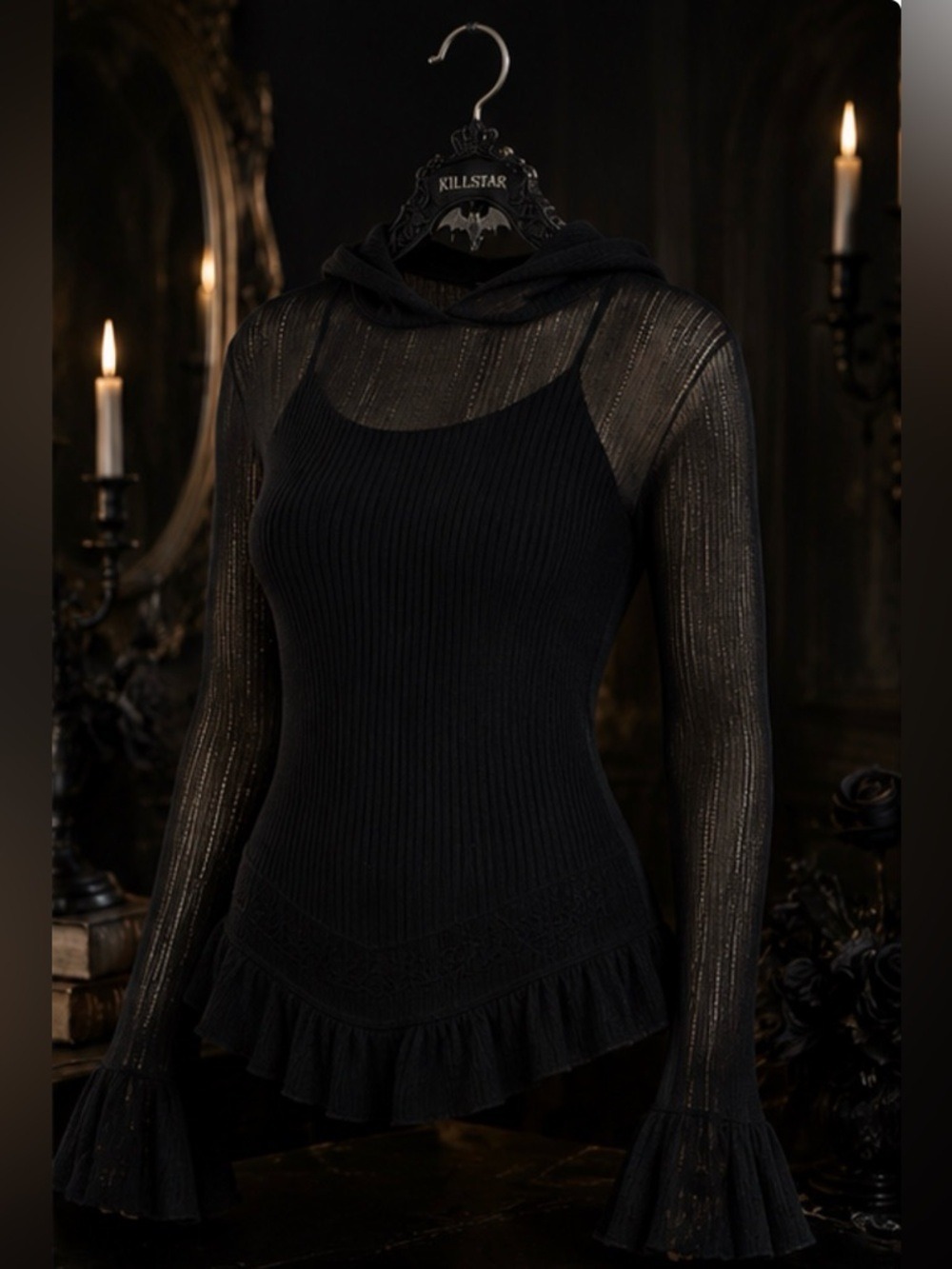 NWT Killstar Broken Halo Hooded Pointelle Knit Sweater Black Size Large - Picture 8 of 13